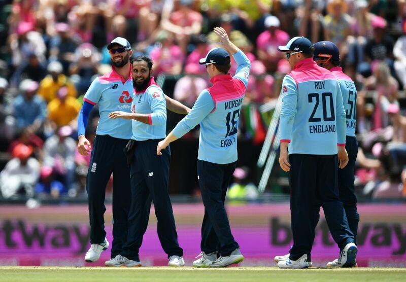JOHANNESBURG, SOUTH AFRICA - FEBRUARY 09: Adil Rashid of England(2L) celebrates after taking the wicket of Temba Bavuma of South Africa during the 3rd One Day International match between England and South Africa on February 09, 2020 in Johannesburg, South Africa. (Photo by Dan Mullan/Getty Images)