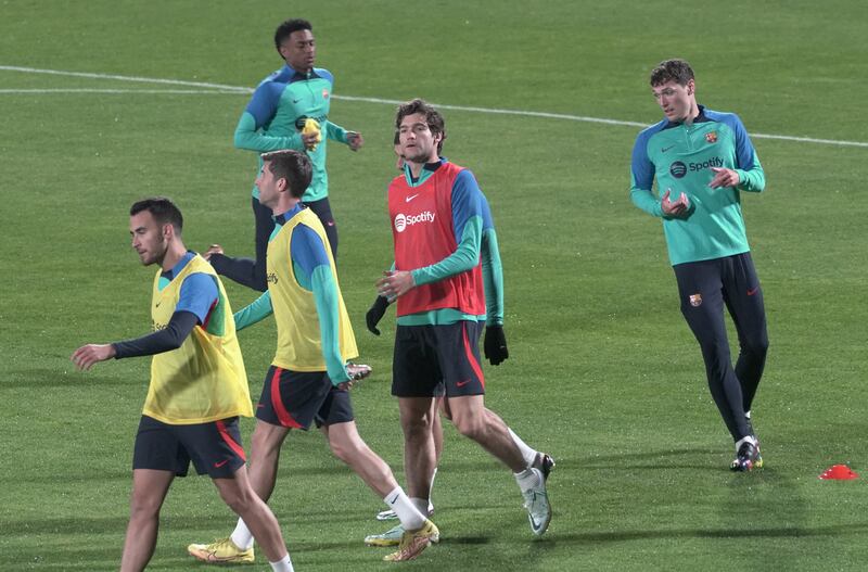 Barcelona's Marcos Alonso and Andreas Christensen with teammates during training at the Prince Faisal bin Fahd Stadium in Riyadh ahead of the Spanish Super Cup semi-final against Real Betis. Reuters