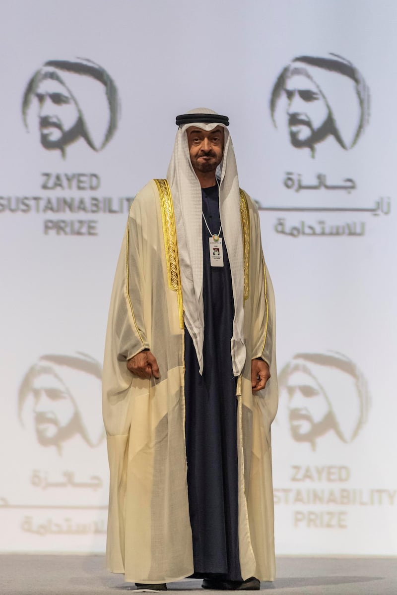 ABU DHABI, UNITED ARAB EMIRATES. 13 JANUARY 2020. The Zayed Sustainability Awards held at ADNEC as part of Abu Dhabi Sustainability Week. H.E. Joko Widodo, President of the Republic of Indonesia. H.E. Sheikh Mohammed bin Zayed Al Nahyan, Crown Prince of Abu Dhabi and Deputy Supreme Commander of the United Arab Emirates Armed Forces. (Photo: Antonie Robertson/The National) Journalist: Kelly Clarker. Section: National.

