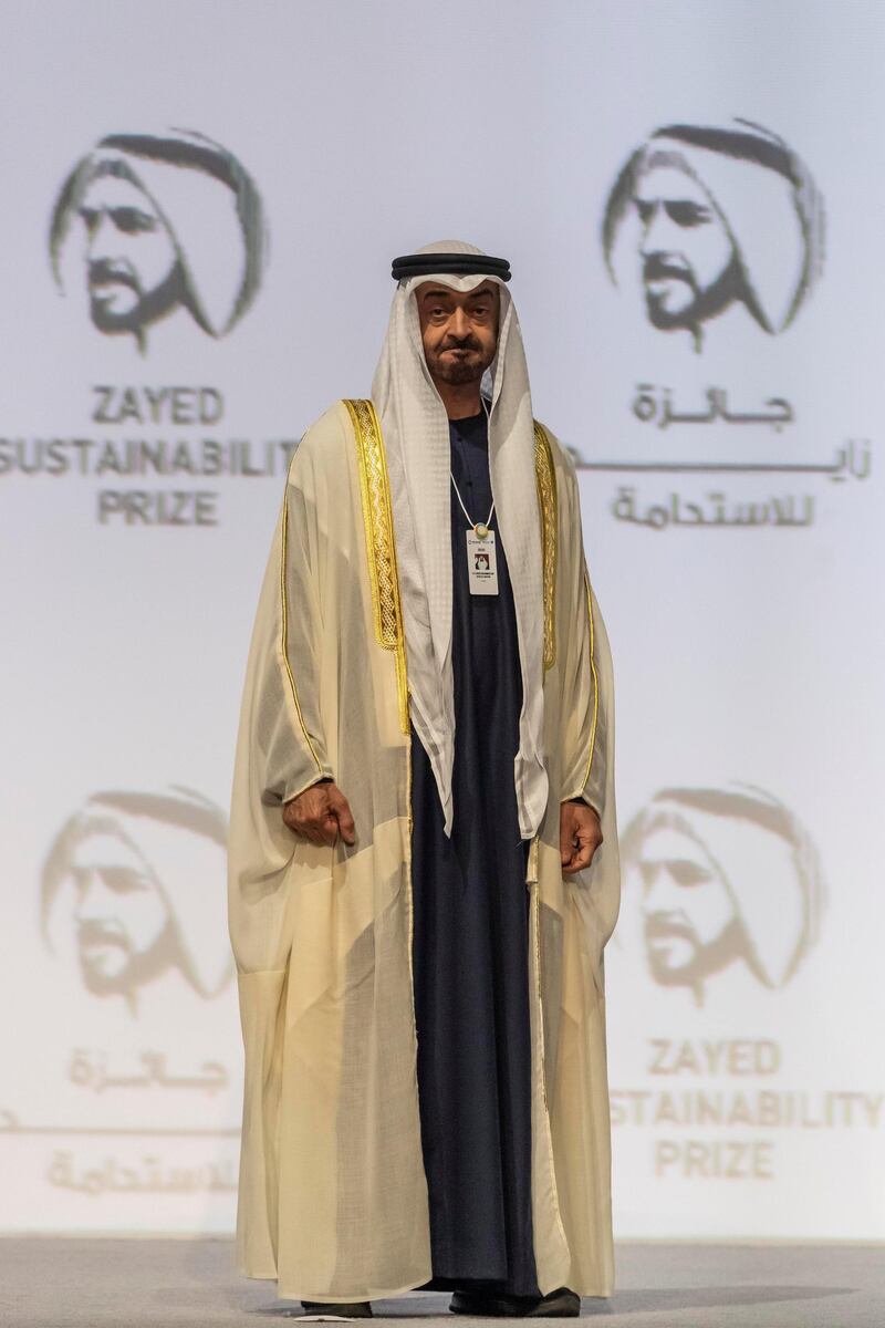 ABU DHABI, UNITED ARAB EMIRATES. 13 JANUARY 2020. The Zayed Sustainability Awards held at ADNEC as part of Abu Dhabi Sustainability Week. H.E. Joko Widodo, President of the Republic of Indonesia. H.E. Sheikh Mohammed bin Zayed Al Nahyan, Crown Prince of Abu Dhabi and Deputy Supreme Commander of the United Arab Emirates Armed Forces. (Photo: Antonie Robertson/The National) Journalist: Kelly Clarker. Section: National.

