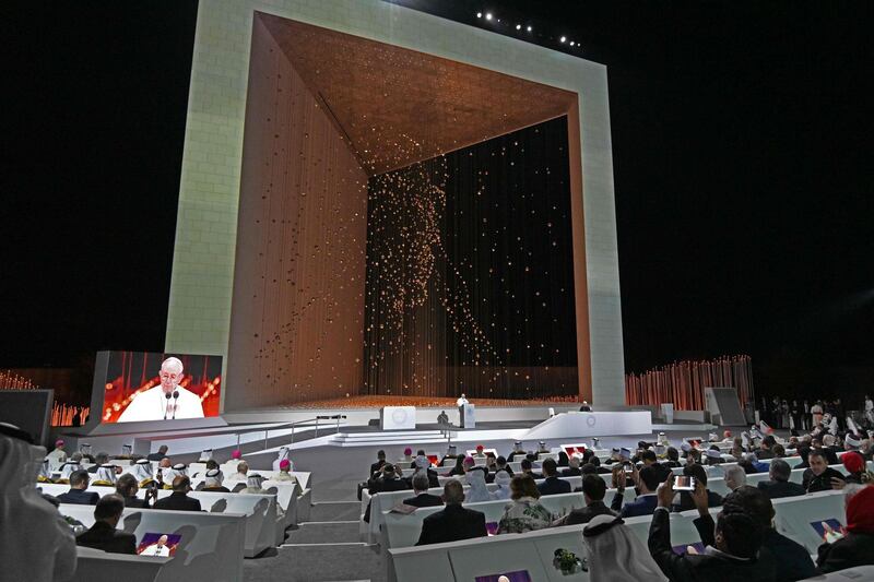 Pope Francis delivers a speech during the Founders Memorial event in Abu Dhabi on February 4, 2019. Pope Francis rejected "hatred and violence" in the name of God, on the first visit by the head of the Catholic church to the Muslim-majority Arabian Peninsula. / AFP / Vincenzo PINTO                      
