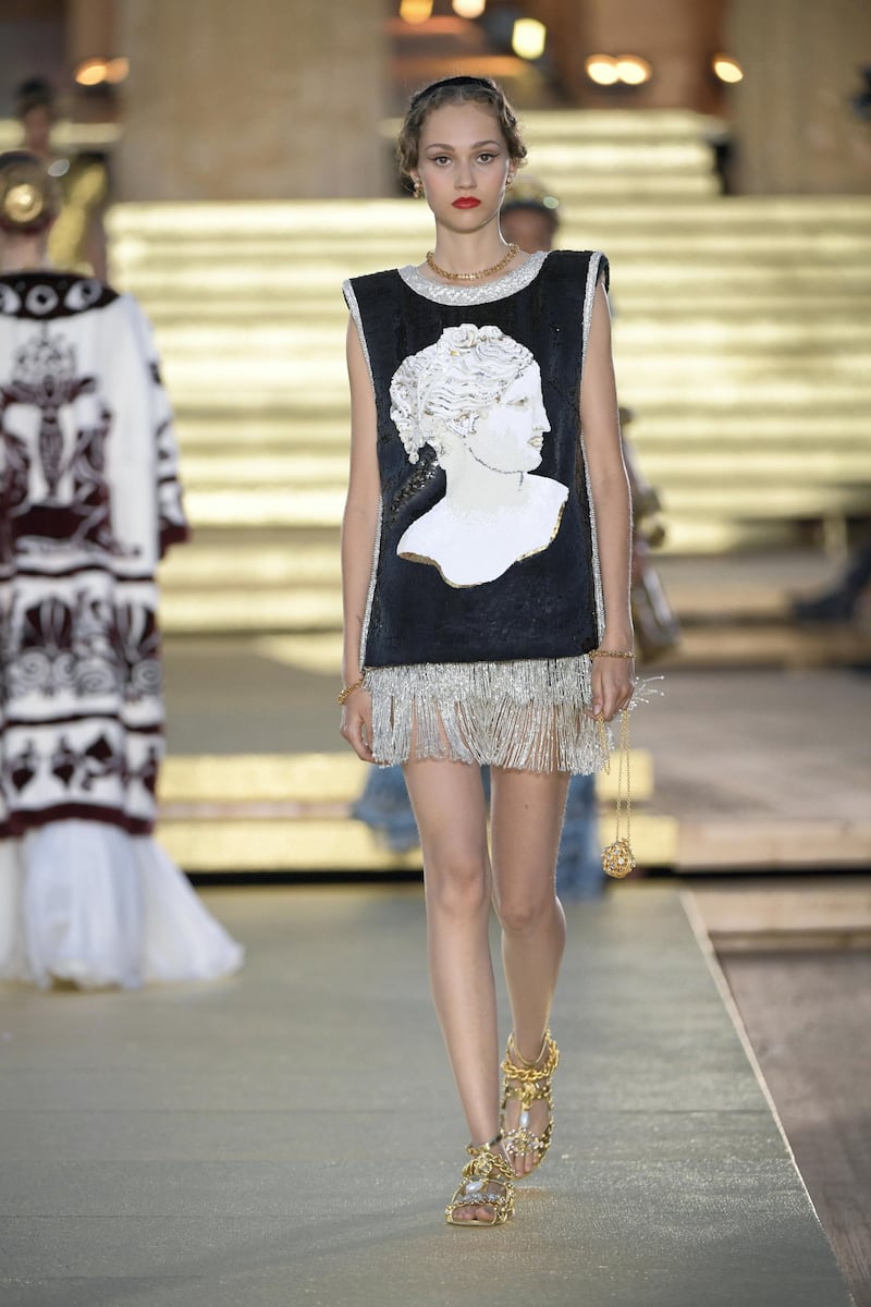 A bust of Aphrodite picked out in white sequins. Courtesy Dolce & Gabbana