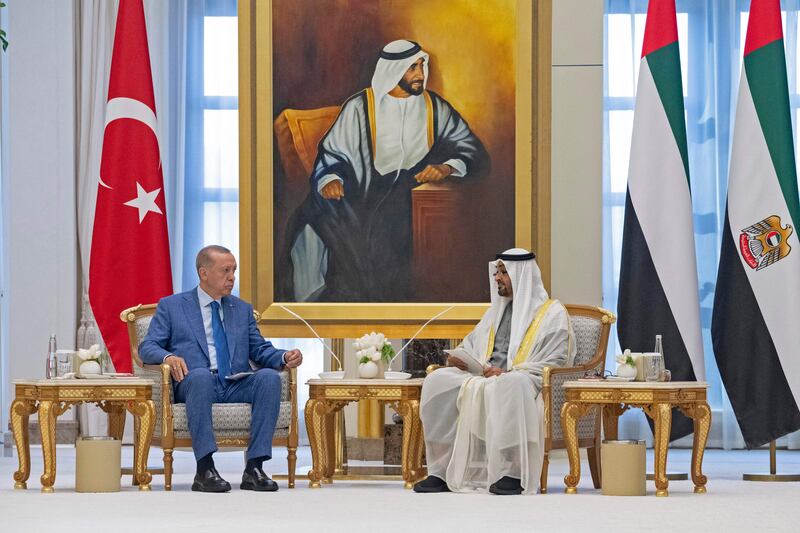 President Sheikh Mohamed holds talks with Turkey's President Recep Tayyip Erdogan in Abu Dhabi on Wednesday. AFP