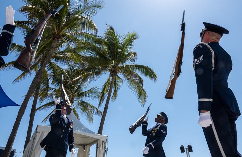 The US Air Force Honour Guard drill team performs during the Memorial Day weekend in Miami Beach, Florida, in May. EPA