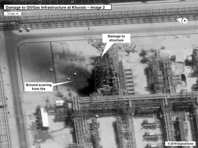 A satellite image showing damage to oil/gas Saudi Aramco infrastructure at Khurais, in Saudi Arabia in this handout picture released by the U.S Government September 15, 2019.  U.S. Government/DigitalGlobe/Handout via REUTERS    THIS IMAGE HAS BEEN SUPPLIED BY A THIRD PARTY. NO RESALES. NO ARCHIVES     TPX IMAGES OF THE DAY