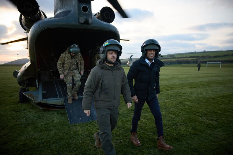British Prime Minister Rishi Sunak and Mr Zelenskyy arrive in Dorset to visit Ukrainian troops being trained to command Challenger 2 tanks. PA