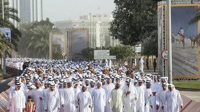 Sheikh Mohammed bin Rashid, Vice President and Ruler of Dubai, and Sheikh Mohammed bin Zayed, Crown Prince of Abu Dhabi and Deputy Supreme Commander of the Armed Forces, are joined by other sheikhs and dignitaries on the march from Al Manhal Palace to Qasr Al Hosn. Ryan Carter / Crown Prince Court ������� Abu Dhabi

