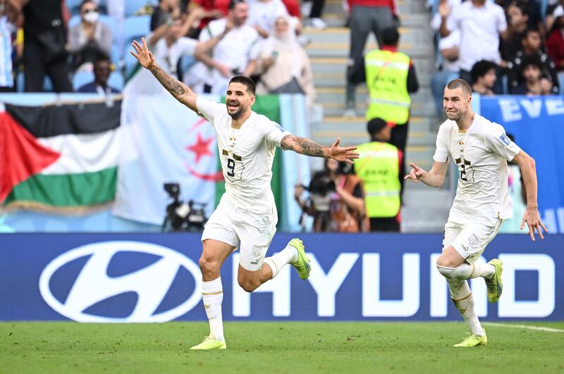 Aleksandar Mitrovic celebrates after scoring Serbia's third goal with teammate Strahinja Pavlovic during the World Cup Group G match against Cameroon. Getty