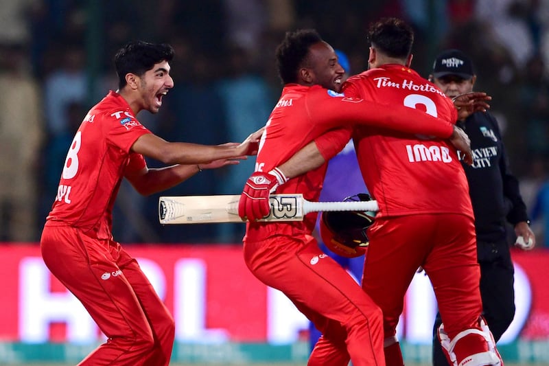 Islamabad United's players celebrate their victory over Multan Sultans to win the 2024 PSL final. AP