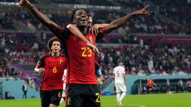 Belgium forward Michy Batshuayi (23) celebrates after scoring against Canada during the first half of a World Cup group F soccer match between Belgium and Canada at the Ahmad Bin Ali Stadium in Al Rayyan, Qatar, Wednesday, Nov.  23, 2022.  (Nathan Denette / The Canadian Press via AP)