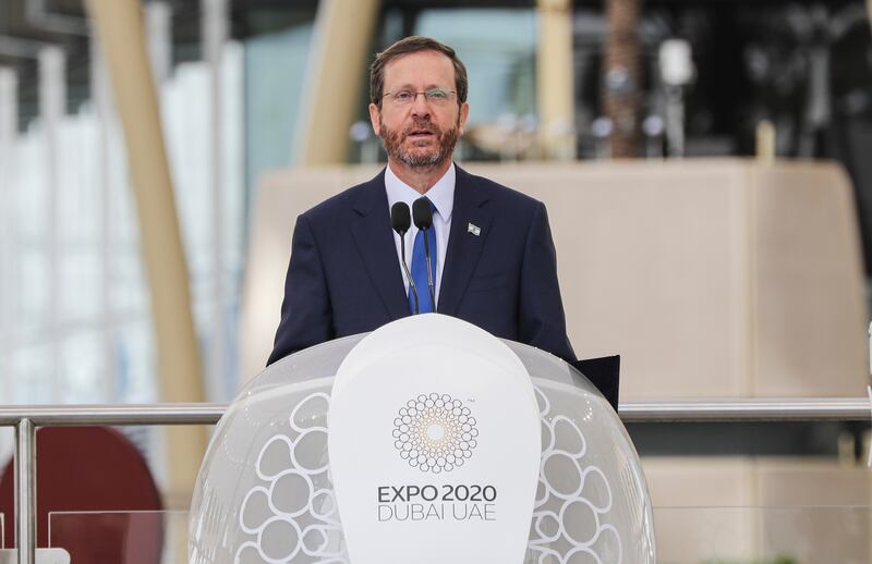 In his address at Expo 2020 Dubai, President Isaac Herzog said he hoped more Arab nations will normalise relations with Israel, as the UAE has done. Photo: EPA