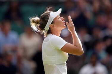 Simona Halep celebrates winning their Ladies' Singles fourth round match against Paula Badosa on day eight of the 2022 Wimbledon Championships at the All England Lawn Tennis and Croquet Club, Wimbledon. Picture date: Monday July 4, 2022.