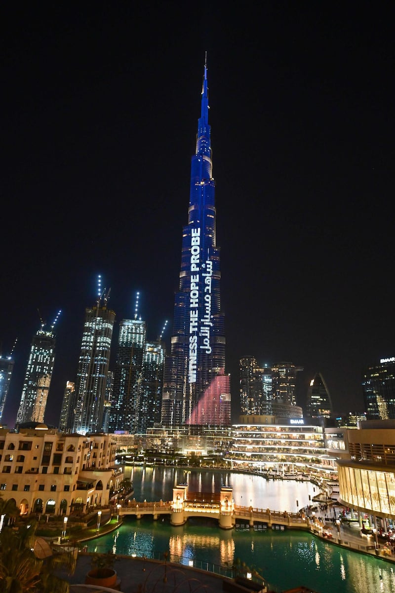 Dubai's Burj Khalifa lit up in support of the Hope probe. AFP