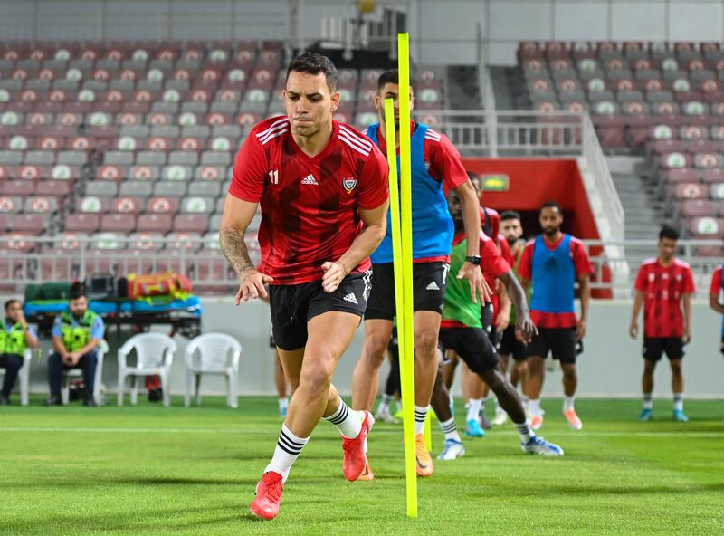 UAE forward Caio Canedo trains at the Abdullah bin Khalifa Stadium in Doha ahead of the national team's 2022 World Cup play-off against Australia on Tuesday. Photo: UAE FA