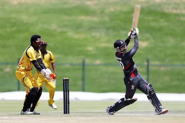 ABU DHABI , UNITED ARAB EMIRATES – April 12 , 2017 : Shaiman Anwar of UAE cricket team playing a shot during the T20 cricket match between Papua New Guinea vs UAE held at Sheikh Zayed Cricket Stadium in Abu Dhabi. UAE won the match by 5 wickets. Shaiman Anwar scored 39 runs in this match.( Pawan Singh / The National ) For Sports. Story by Paul Radley. ID : 28402 *** Local Caption *** PS1204- CRICKET01.jpg
