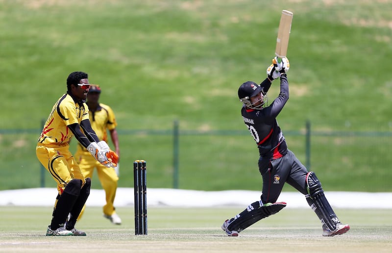 ABU DHABI , UNITED ARAB EMIRATES – April 12 , 2017 : Shaiman Anwar of UAE cricket team playing a shot during the T20 cricket match between Papua New Guinea vs UAE held at  Sheikh Zayed Cricket Stadium in Abu Dhabi. UAE won the match by 5 wickets. Shaiman Anwar scored 39 runs in this match.( Pawan Singh / The National ) For Sports. Story by Paul Radley. ID : 28402 *** Local Caption ***  PS1204- CRICKET01.jpg