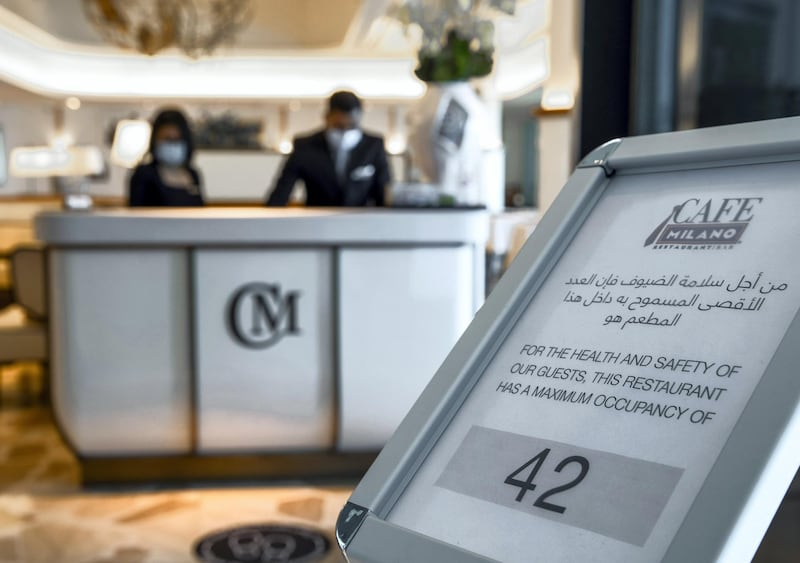 Abu Dhabi, United Arab Emirates, June 15, 2020.   
 Maximum occupancy sign at the reception of the Cafe Milano at the Four Seasons Hotel, Abu Dhabi.
Victor Besa  / The National
Section:  If
Reporter:  Janice Rodrigues