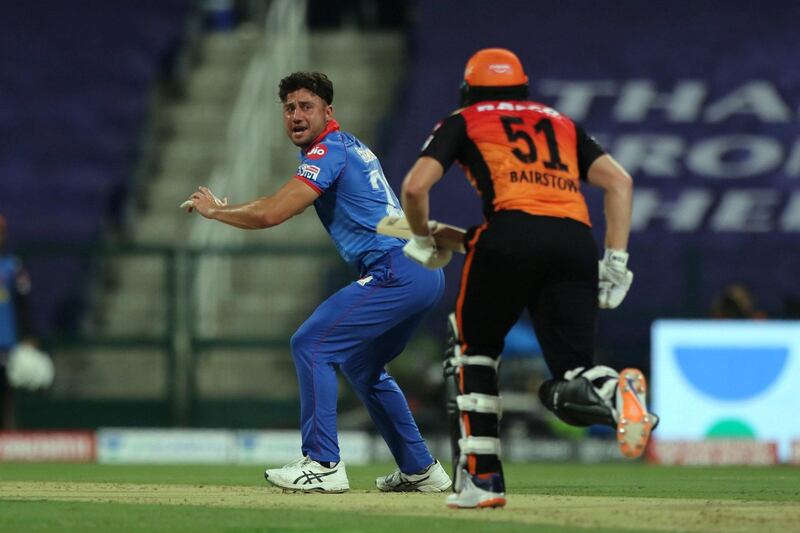 Marcus Stoinis of Delhi Capitals  appeals for the wicket of Jonny Bairstow of Sunrisers Hyderabad during match 11 of season 13 of Indian Premier League (IPL) between the Delhi Capitals and the Sunrisers Hyderabadheld at the Sheikh Zayed Stadium, Abu Dhabi  in the United Arab Emirates on the 29th September 2020.  Photo by: Pankaj Nangia  / / Sportzpics for BCCI