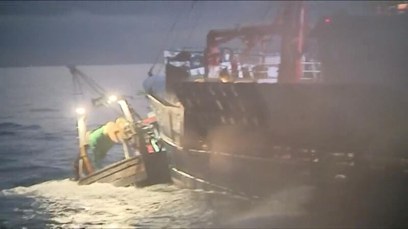 FILE PHOTO: French and British fishing boats collide during scrap in English Channel over scallop fishing rights, August 28, 2018 in this still image taken from a video. France 3 Caen/via REUTERS FRANCE OUT. NO COMMERCIAL OR EDITORIAL SALES IN FRANCE/File Photo