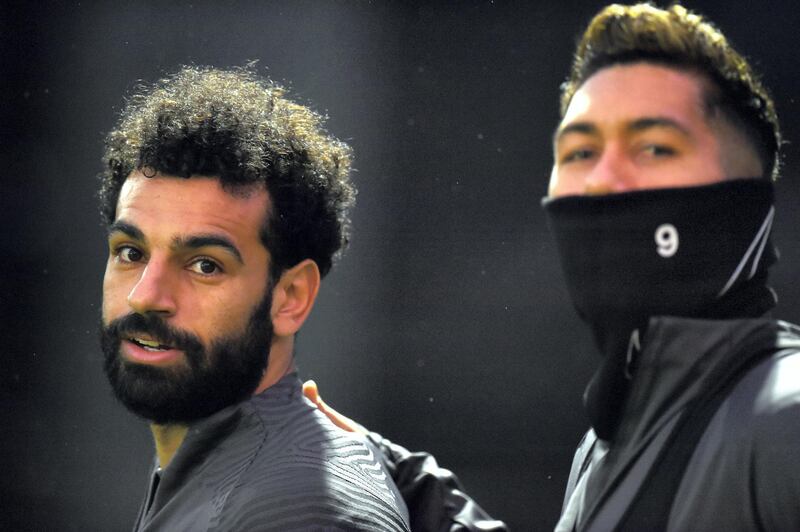 KIRKBY, ENGLAND - DECEMBER 11: (THE SUN OUT, THE SUN ON SUNDAY OUT) Roberto Firmino and Mohamed Salah of Liverpool during a training session at AXA Training Centre on December 11, 2020 in Kirkby, England. (Photo by Andrew Powell/Liverpool FC via Getty Images)