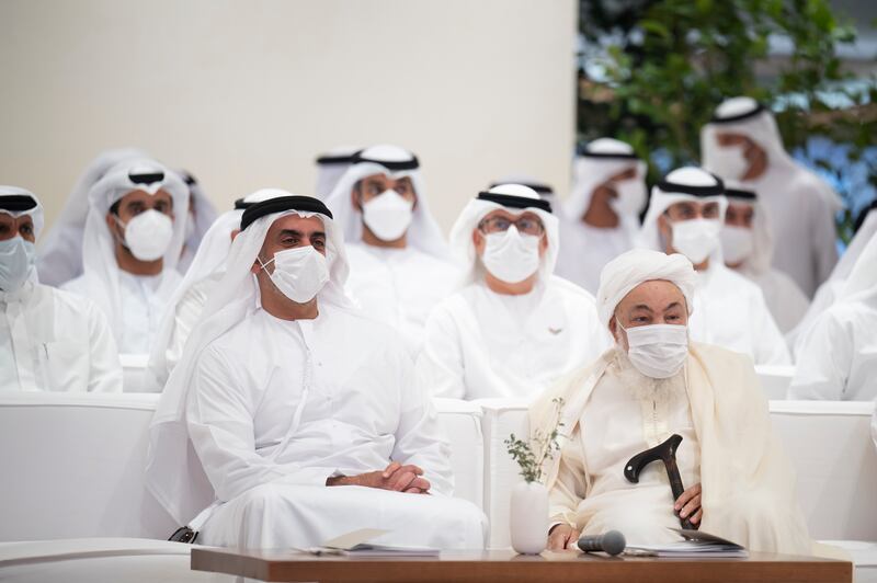 Sheikh Saif bin Zayed, UAE Deputy Prime Minister and Minister of Interior, and Sheikh Abdallah bin Bayyah, right. The lecture was delivered at Majlis Mohamed bin Zayed