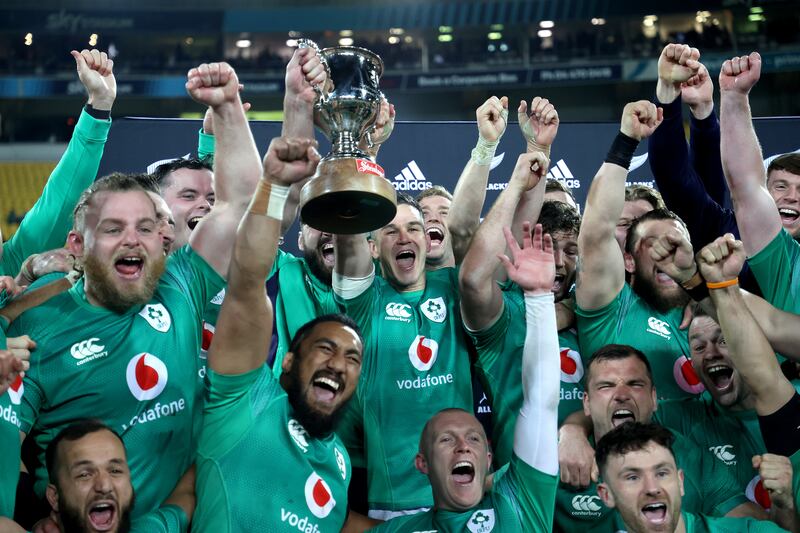 Ireland celebrate with the trophy following the series win over the All Blacks at the Sky Stadium in Wellington on Saturday, July 16, 2022. Getty
