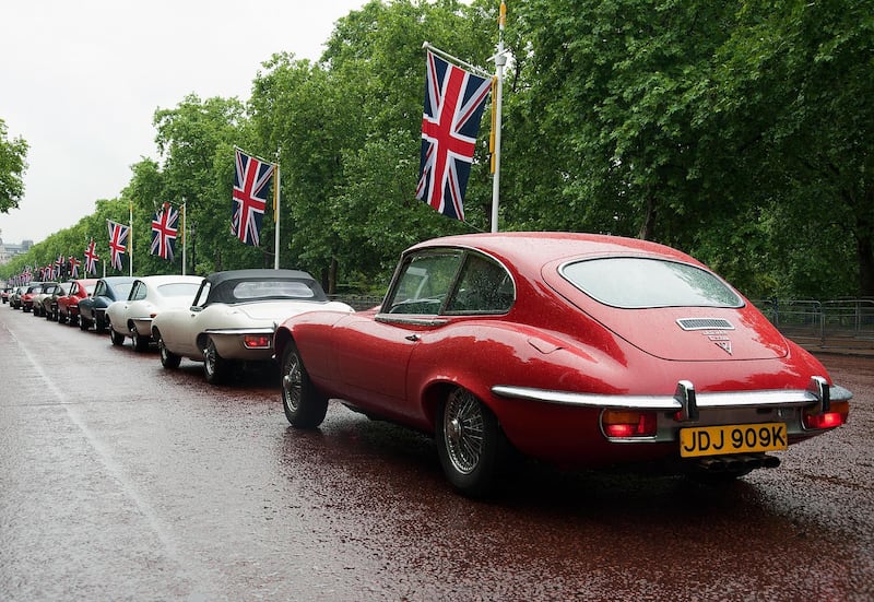 E-Type Lineup in London to mark 50TH ANNIVERSARY. Courtesy Jaguar