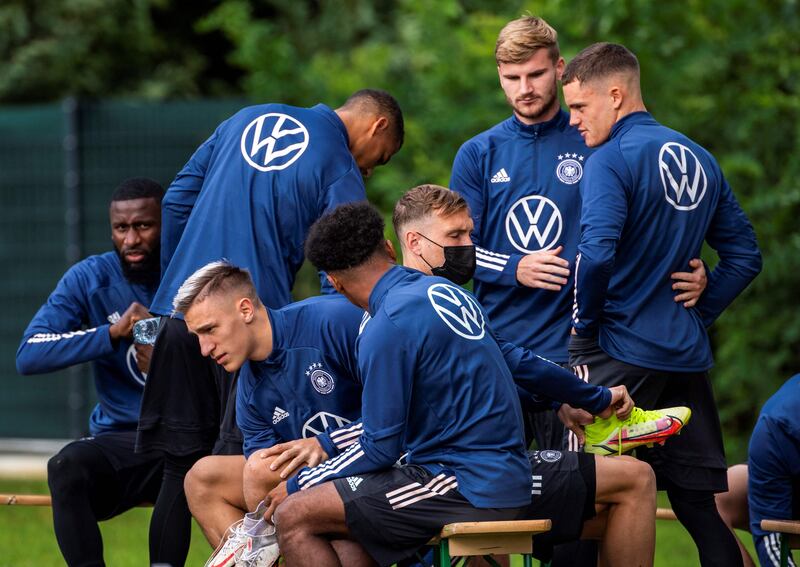 Germany players during a training session in Hamburg ahead of their 2022 World Cup qualifier. AFP
