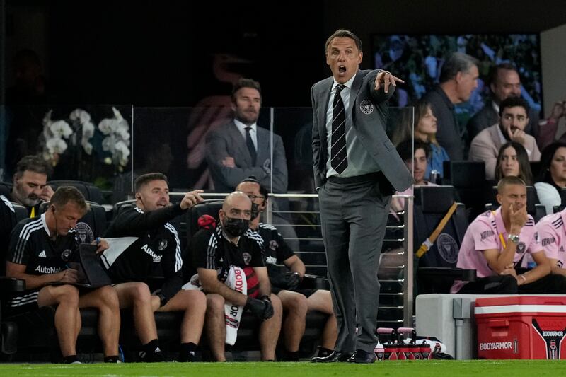 Inter Miami head coach Phil Neville directs his players from the sideline during the first half of an MLS football match against the Chicago Fire. AP