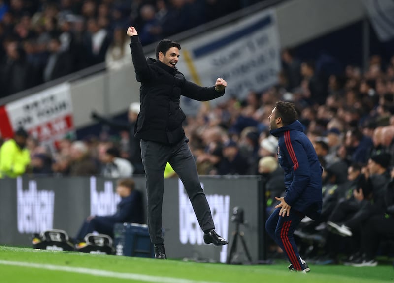 Arsenal manager Mikel Arteta celebrates after Martin Odegaard's goal. Action Images