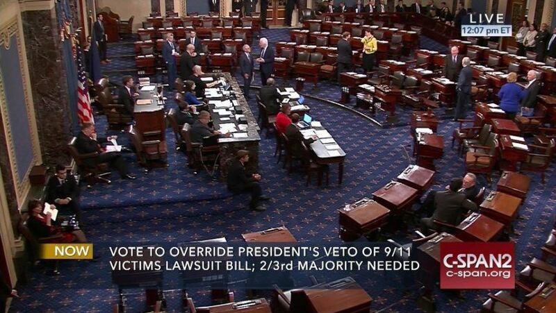 This video grab shows the floor of the Senate on September 29, 2016, as senators vote to override president Barack Obama's veto of September 11 legislation. (C-SPAN2 via AP) 