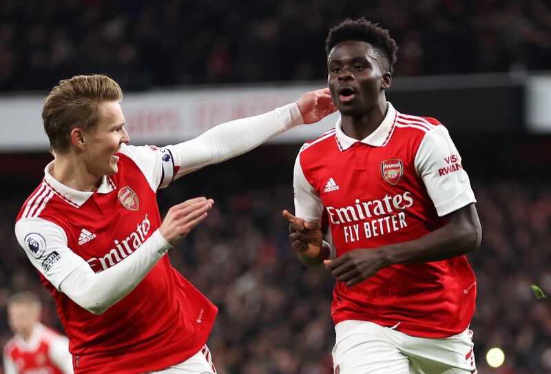 Bukayo Saka celebrates after scoring for Arsenal. Getty