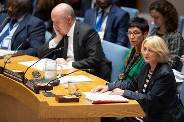 Agnes Marcaillou, director of the United Nations Mine Action Service, right, briefs the UN Security Council on the situation in Syria on October 24, 2019. AP Photo