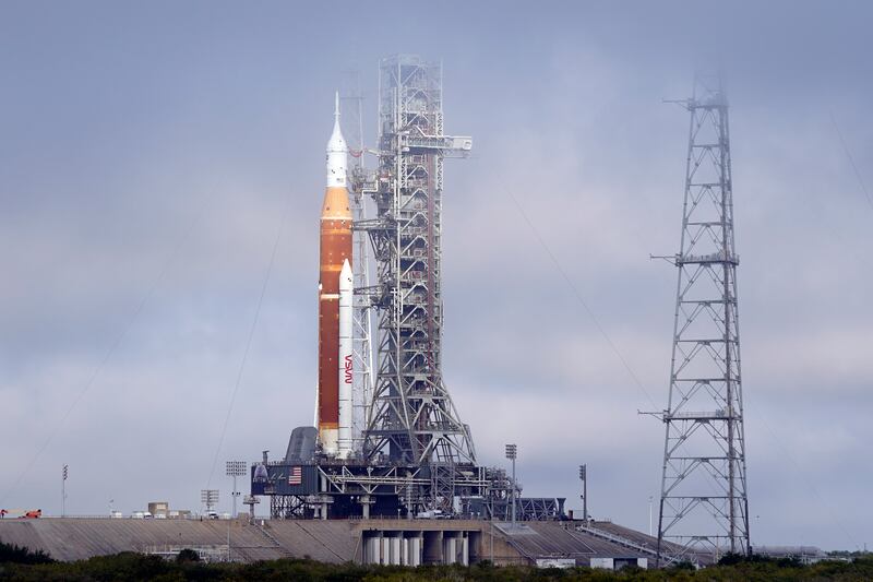 The Nasa Artemis rocket with the Orion spacecraft aboard stands on pad 39B at the Kennedy Space Centre in Cape Canaveral, Florida. AP