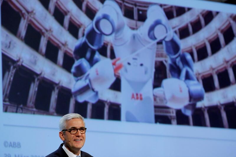 FILE PHOTO: Chief Executive Ulrich Spiesshofer of Swiss power technology and automation group ABB gestures as he addresses the company's annual shareholder meeting in Zurich, Switzerland, March 29, 2018. REUTERS/Arnd Wiegmann/File Photo