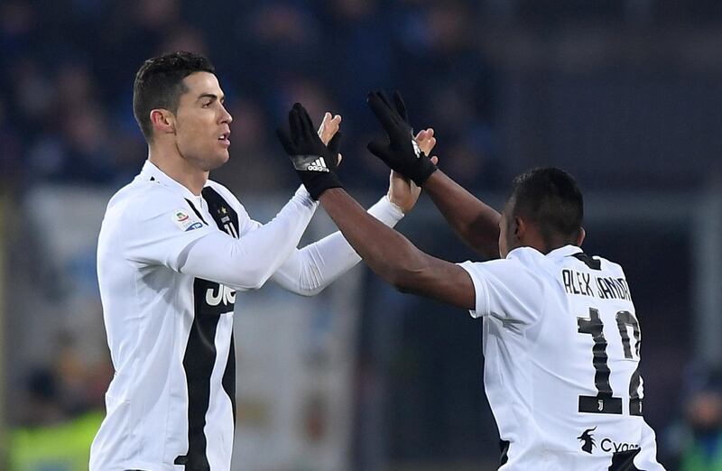 Juventus' Cristiano Ronaldo celebrates scoring their second goal with Alex Sandro REUTERS