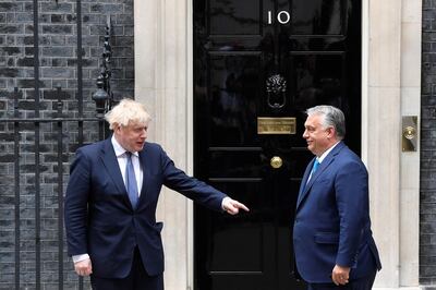 Britain's Prime Minister Boris Johnson meets Hungary's Prime Minister Viktor Orban at Downing Street in London, Britain May 28, 2021. REUTERS/Toby Melville