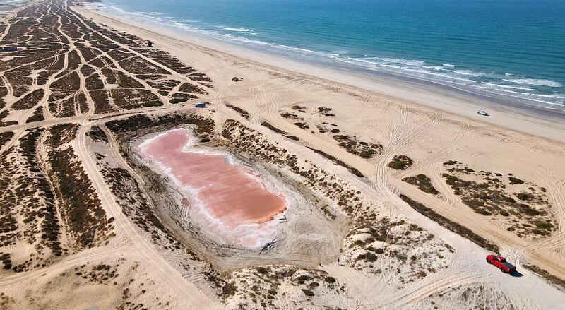 RAK, UNITED ARAB EMIRATES , January 20 – View of the Pink Lake discovered in Ras Al Khaimah. Some visitors are coming to see this lake after some pictures appeared on the social media recently. (Pawan Singh / The National) For News/Stock/Online/Instagram/Standalone/Big Picture. Story by Kelly