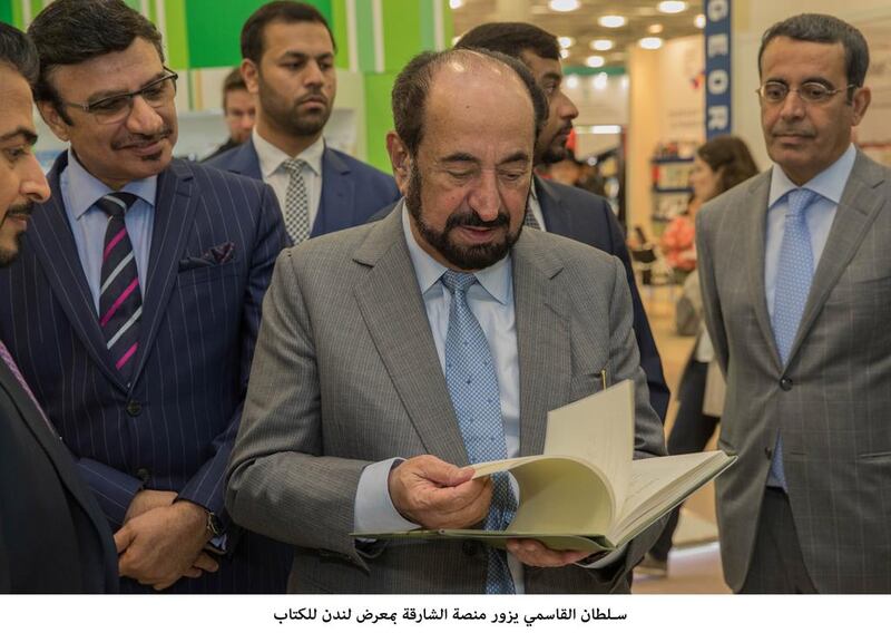 Dr Sheikh Sultan bin Mohammed Al Qasimi, Ruler of Sharjah, visits the Mohammed bin Rashid Al Maktoum Knowledge Foundation’s, MBRF, Pavilion at the London Book Fair. Wam