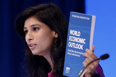 Gita Gopinath, chief economist of the IMF, says there is divergence between financial market indicators and the real economic activity. AFP 