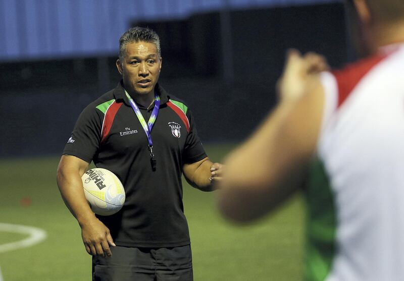Dubai, May, 06, 2019: UAE Rugby team coach Apollo Perelini interacts with the players ahead of the Asian Rugby Championships Division 2 at the Jebel Ali Rugby Grounds in Dubai. Satish Kumar/ For the National / Story by Paul Radley