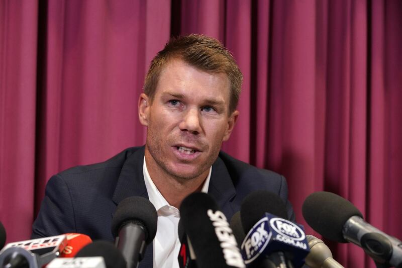 epa06638049 Former Australia national cricket team vice-captain David Warner speaks during a press conference at the offices of Cricket New South Wales in Sydney, Australia, 31 March 2018. Australian captain Steve Smith and vice-captain David Warner were each banned for 12 months by Cricket Australia after an investigation into the attempted ball tampering during the Third Test against South Africa.  EPA/BEN RUSHTON  AUSTRALIA AND NEW ZEALAND OUT