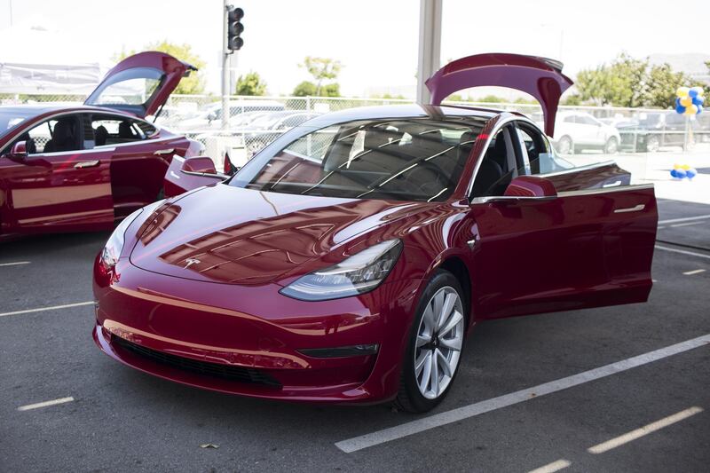 A Tesla Inc. Model 3 electric vehicle is displayed during the California Air Resources Board (CARB) 50th Anniversary Technology Symposium and Showcase in Riverside, California, U.S., on Thursday, May 17, 2018. The symposium highlights CARB's history of clean air leadership that has driven innovative solutions and made monumental improvements to Southern California's air quality. Photographer: Dania Maxwell/Bloomberg