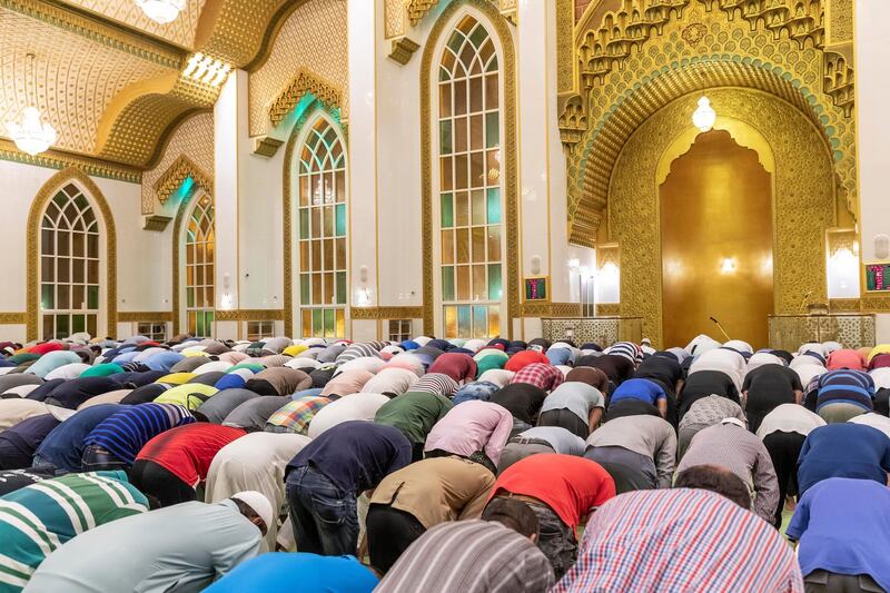 DUBAI, UNITED ARAB EMIRATES. 17 MAY 2018. The first morning prayer of Ramadan for 2018 at the Al Salam Mosque in Al Barsha 2. (Photo: Antonie Robertson/The National) Journalist: None. Section: National.