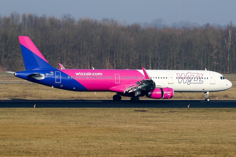 EINDHOVEN AIRPORT, EINDHOVEN, NOORD-BRABANT, NETHERLANDS - 2018/02/21: WizzAir A321 aircraft rolling out after a flight from Budapest at Eindhoven airport. (Photo by C. V. Grinsven/SOPA Images/LightRocket via Getty Images)