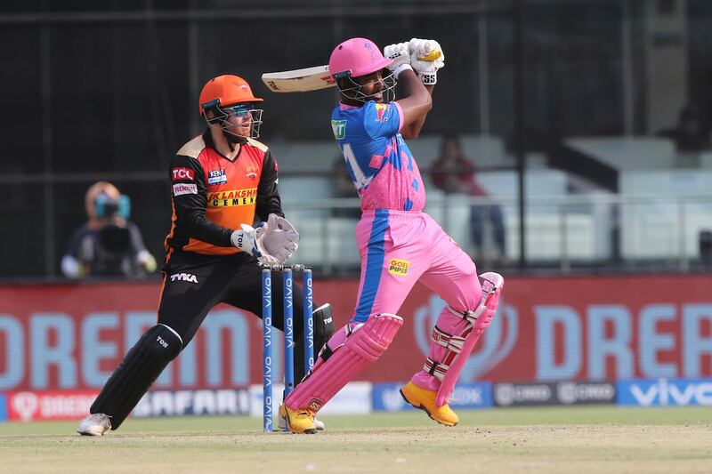 Sanju Samson (c) of Rajasthan Royals plays a shot during match 28 of the Vivo Indian Premier League between the Rajasthan Royals and the Sunrisers Hyderabad held at the Arun Jaitley Stadium, Delhi, India on the 2nd May 2021

Photo by Pankaj Nangia / Sportzpics for IPL