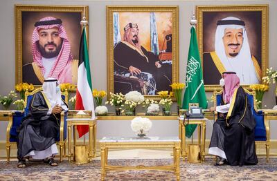 A handout picture provided by the Saudi Press Agency (SPA) on June 1, 2021, shows Saudi Crown Prince Mohammed bin Salman (R) meeting with Kuwaiti Crown Prince Sheikh Meshal al-Ahmad al-Jaber Al-Sabah in Riyadh.  - === RESTRICTED TO EDITORIAL USE - MANDATORY CREDIT "AFP PHOTO / HO / SPA" - NO MARKETING NO ADVERTISING CAMPAIGNS - DISTRIBUTED AS A SERVICE TO CLIENTS ===
 / AFP / SPA / Bandar AL-JALOUD / === RESTRICTED TO EDITORIAL USE - MANDATORY CREDIT "AFP PHOTO / HO / SPA" - NO MARKETING NO ADVERTISING CAMPAIGNS - DISTRIBUTED AS A SERVICE TO CLIENTS ===
