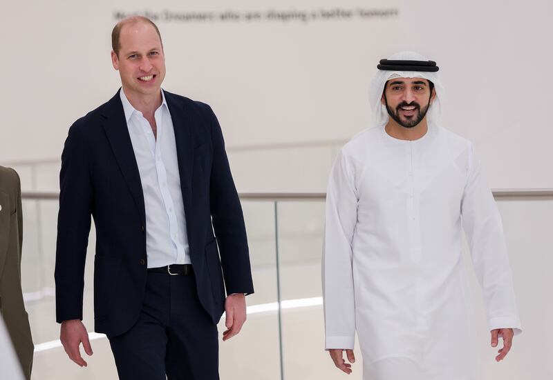 Sheikh Hamdan bin Mohammed, Crown Prince of Dubai, and Prince William, Duke of Cambridge, visit the UAE pavilion at Expo 2020 Dubai. After the tour, they were due to hold a private bilateral meeting. Getty