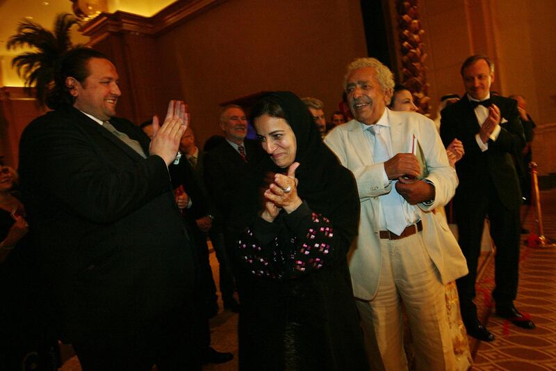 United Arab Emirates - Dubai - March 20, 2010:

NATIONAL: (Left to right) Curator Charles Pocock, Sheika Lubna Al Qasimi and Egyptian artist Adam Henein inaugurate the opening of the Middle Eastern Modern Masters sculptural exhibit shortly before the first concert of the Abu Dhabi Festival at Emirates Palace in Abu Dhabi on Saturday, March 20, 2010. Amy Leang/The National