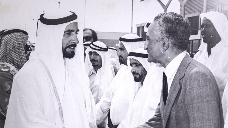 City planner Dr Abdulrahman Makhlouf pictured with Sheikh Zayed. The Egyptian arrived in 1968 and together with the President drew up the design for the island's city grid and main streets. Photo: Archive